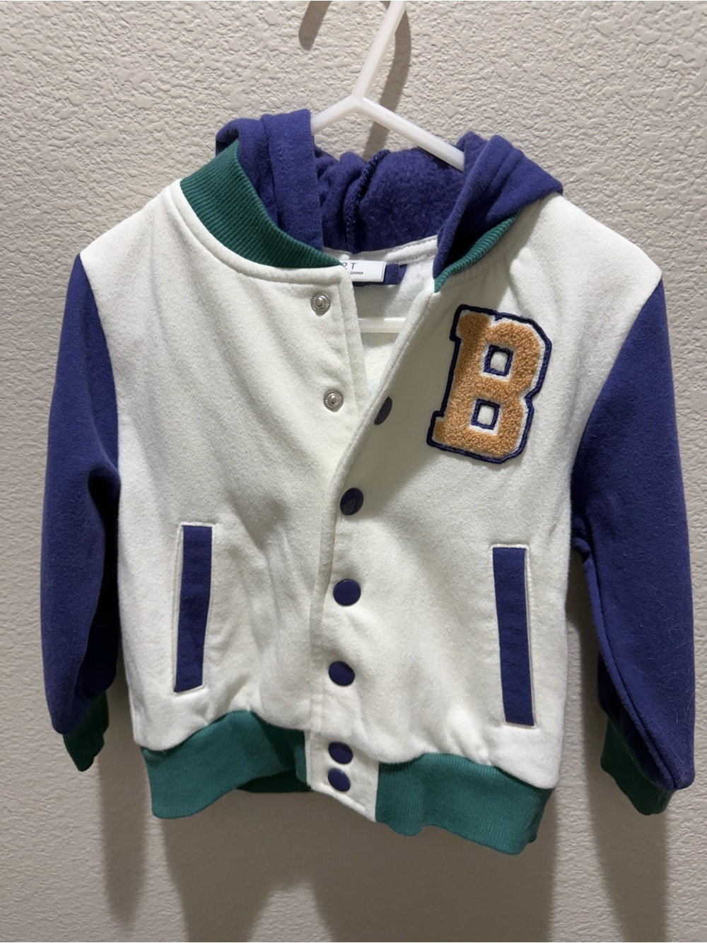 Toddler Two-Tone Hooded Varsity Jacket in White and Navy